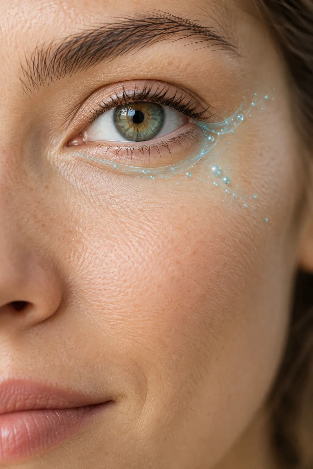 Close-up of an eye with a translucent turquoise stream of droplets flowing along the lower lid.