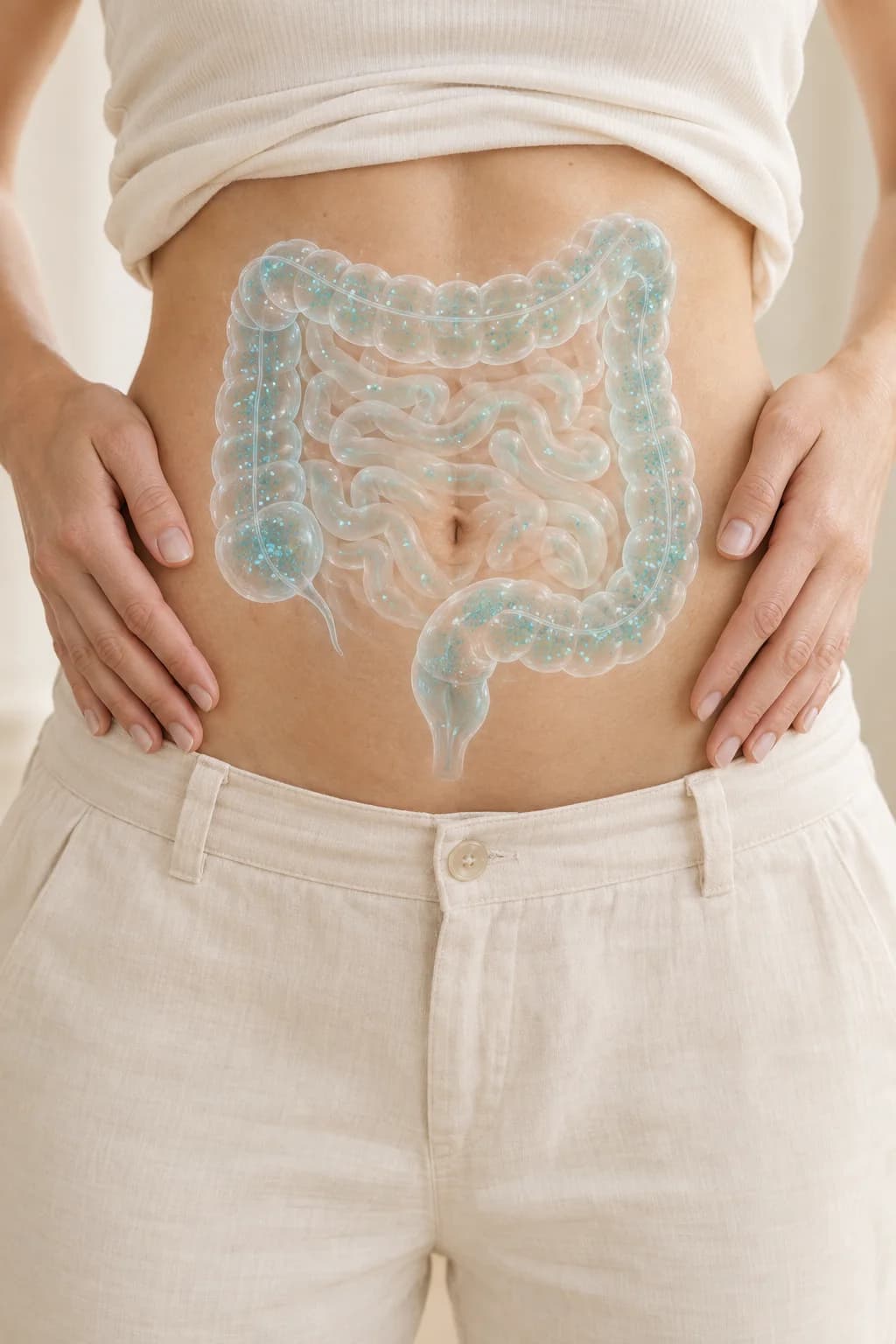 Hands on the hips framing a translucent illustration of the intestines drawn over the abdomen.