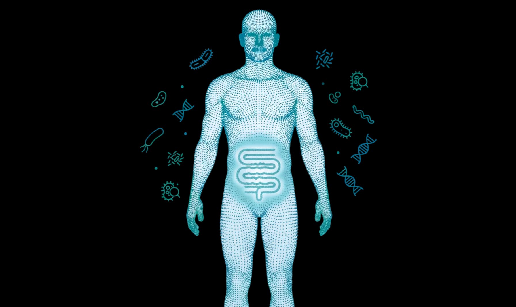 Dotted illustration of a human figure with the gut highlighted, surrounded by microorganism and DNA motifs