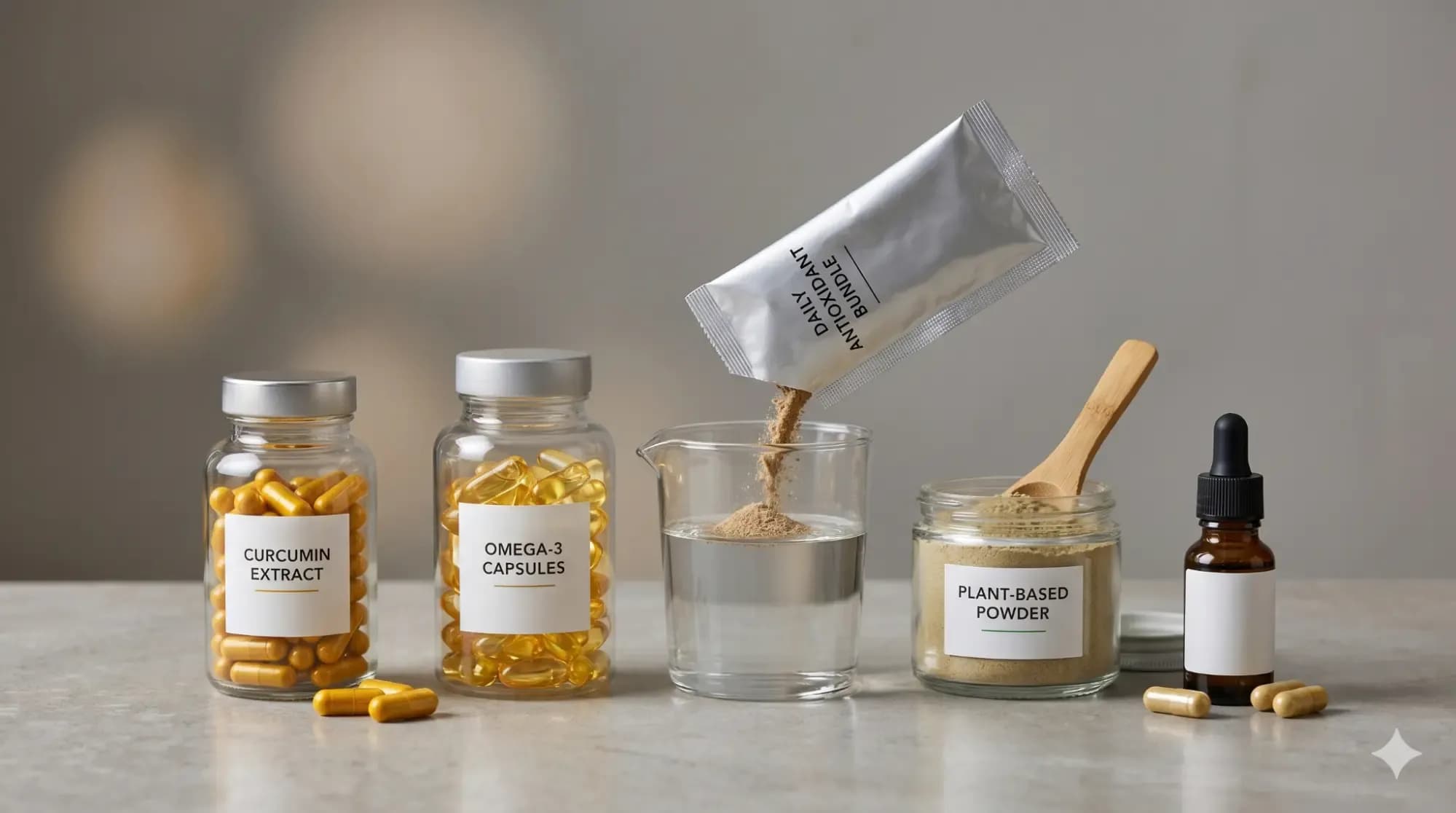 Labelled jars of curcumin extract and omega-3 capsules beside a sachet pouring powder into a beaker, a jar of plant-based powder and a dropper bottle