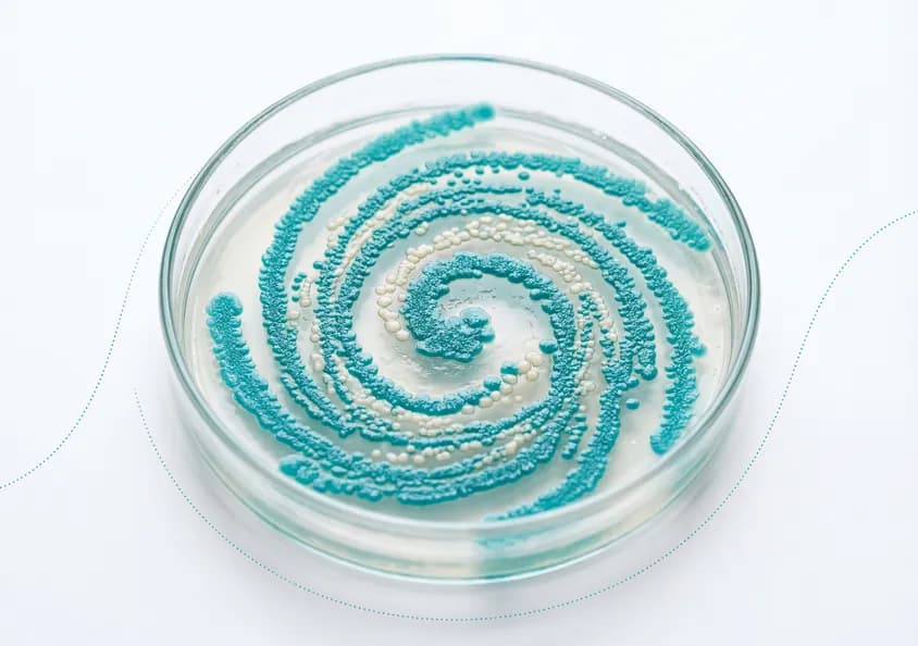 Petri dish holding a turquoise bacterial colony grown in a spiral pattern