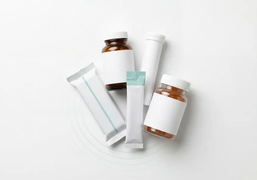 Unbranded supplement sachets and amber bottles arranged on a white surface