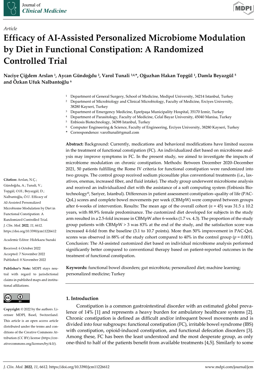 Enbiosis research and paper on AI-assisted personalized microbiome modulation